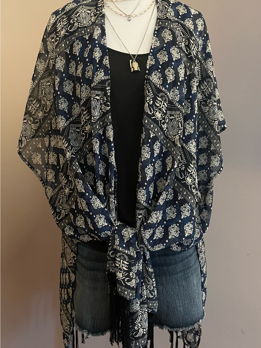 Navy and White Printed Fringe Kimono